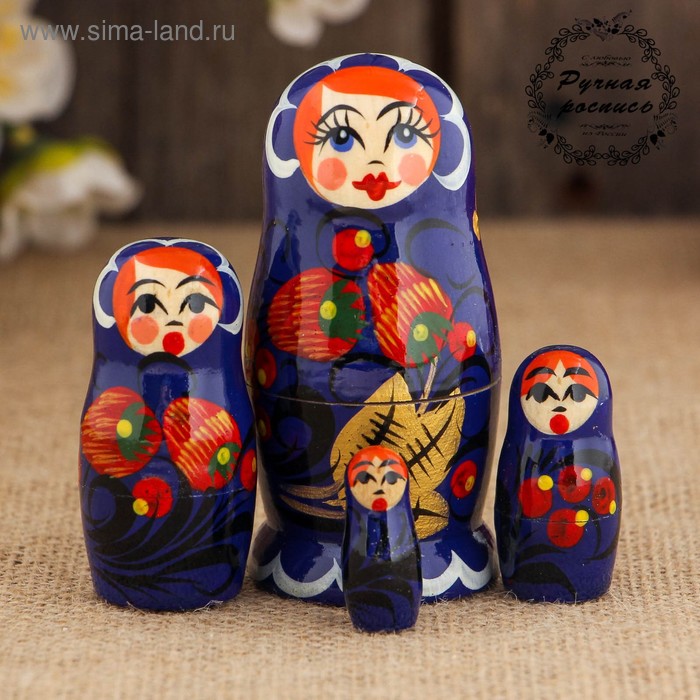 Матрёшка «Ягодки», синий платок, 4 кукольная, 9 см, микс - Фото 1