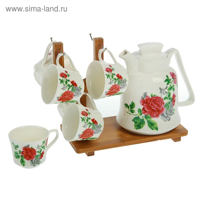 Набор чайный "Крупные розы", 7 предметов: чайник 1,8 л, 6 кружек 200 мл, на деревянной подставке - Фото 1