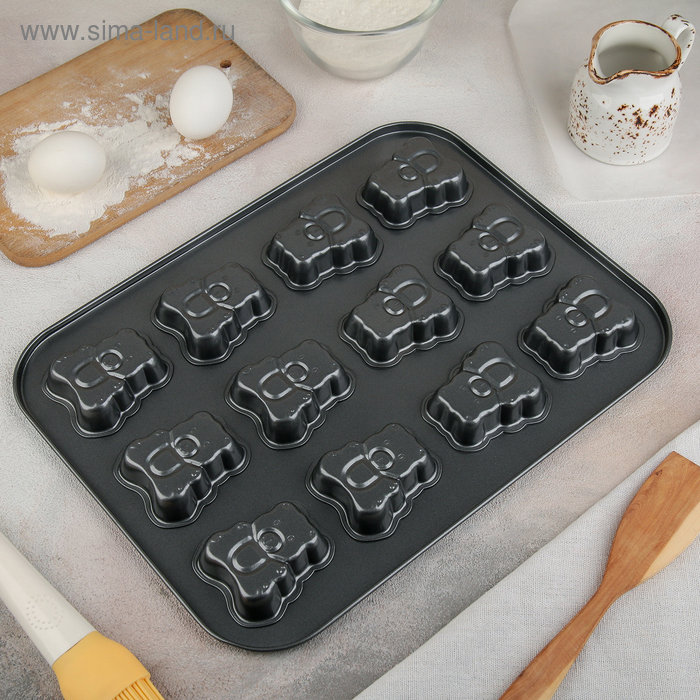 Форма для выпечки Доляна «Мишка», 25×27×3 см, 12 ячеек, антипригарное покрытие - Фото 1