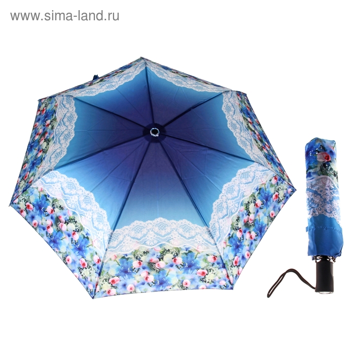Зонт автоматический "Цветы и кружево", облегчённый, R=58см, цвет синий - Фото 1