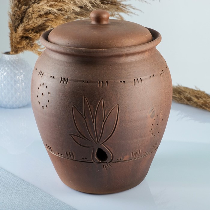 Банка для хранения чеснока Кунгурская керамика «С прорезью», 5 л, с отверстиями для вентиляции, молочение, коричневая - Фото 1