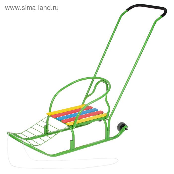 Санки «Кирюша-4ВК» с толкателем, с колесами, цвет зелёный