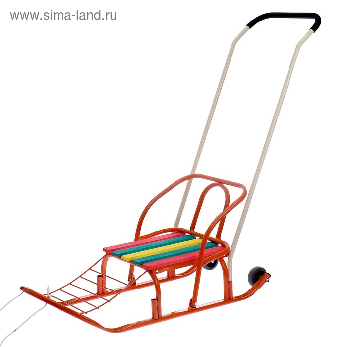 Санки «Кирюша-7к» с толкателем, колёсиками, цвет оранжевый
