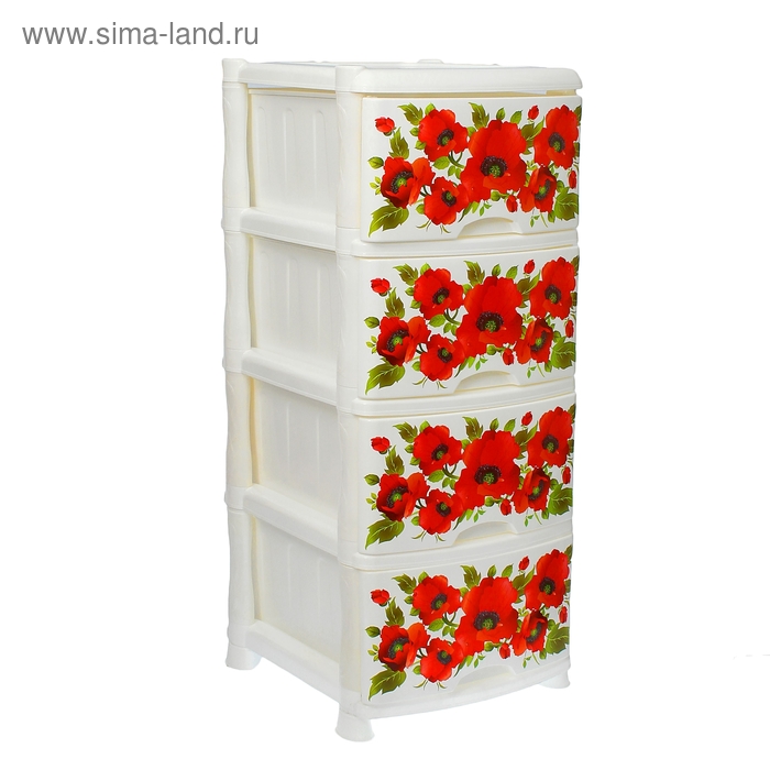 Комод 4 секции "Красные маки", цвет белый - Фото 1