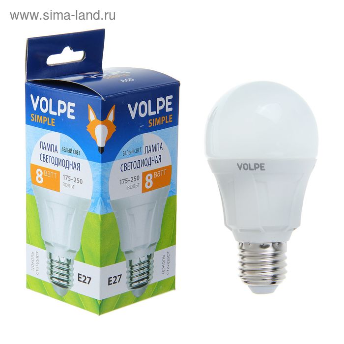 Лампа светодиодная Volpe, Е27, 8 Вт, свет белый - Фото 1
