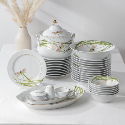 Сервиз столовый Добрушский завод «Голубка. Стрекоза», 37 предметов, фарфор, белый