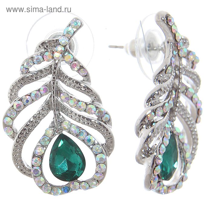Серьги со стразами «Перо», цвет радужно-зеленый в серебре - Фото 1