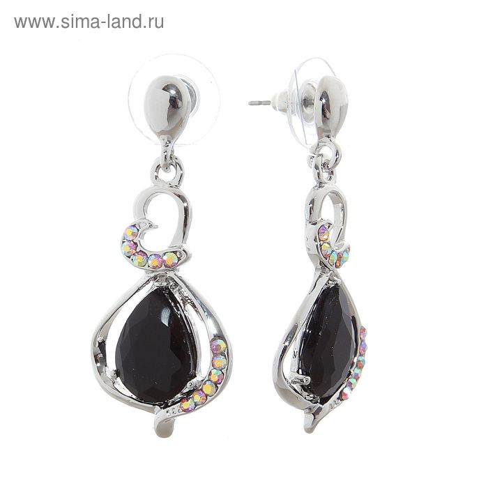 Серьги со стразами «Капля» двойная, цвет чёрный в серебре - Фото 1