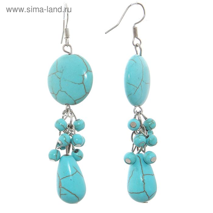 Серьги «Бирюзовый мир» лепёшка с каплей и шариками, цвет голубой в серебре - Фото 1