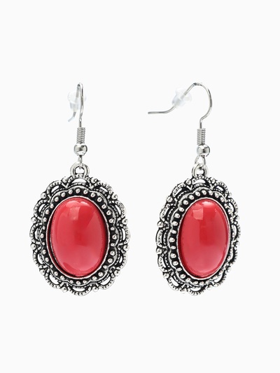 Серьги под натуральный камень «Натурель» овал в кайме, цвет красный в чернёном серебре