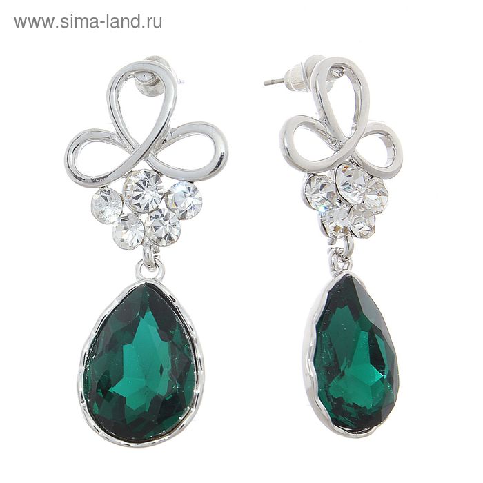 Серьги со стразами «Капля» с завитком, цвет зеленый в серебре - Фото 1