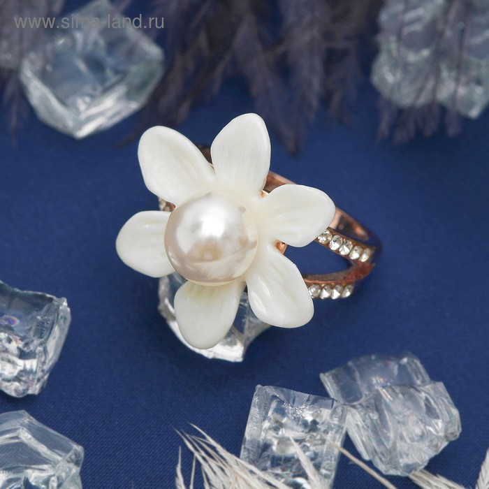 Кольцо "Цветочек" с жемчужинкой, цвет белый в золоте, размер 16,17,18 МИКС - Фото 1