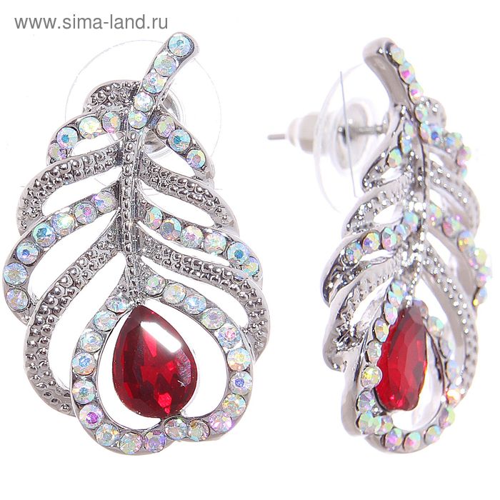 Серьги со стразами «Перо», цвет радужно-красный в серебре - Фото 1