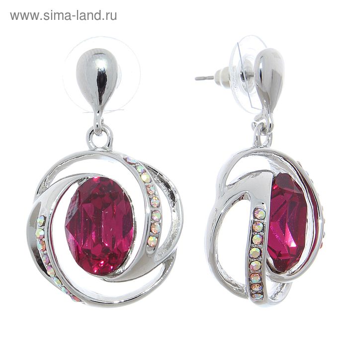 Серьги со стразами «Круг» орбита, цвет фуксия в серебре - Фото 1
