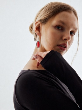 Серьги "Натурель" эллипс, цвет красный в чернёном серебре
