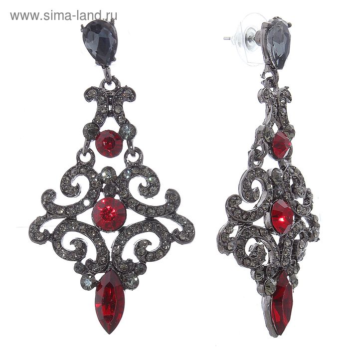 Серьги висячие со стразами «Вернисаж» ромб ажурный, цвет бордовый в сером металле - Фото 1
