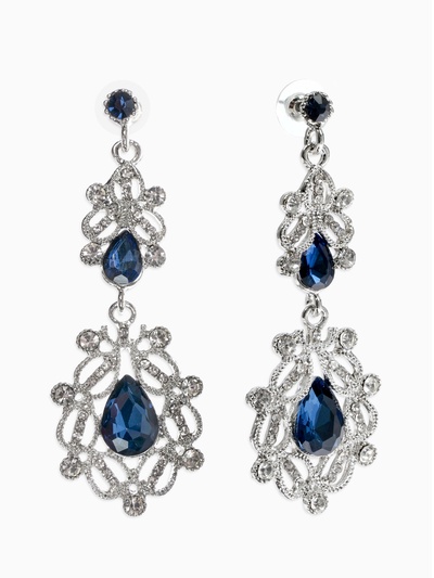 Серьги висячие со стразами «Грация», резная, синие в серебре, 9 см