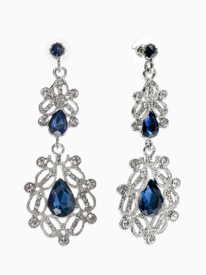 Серьги висячие со стразами «Грация», резная, синие в серебре, 9 см - Фото 1
