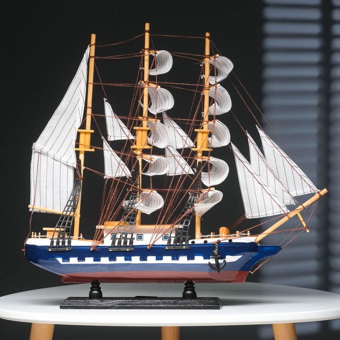 Корабль сувенирный большой «Рион», борта сине/чёрные, паруса бежевые с полосами, 50х44х10 см - фото 1898001619