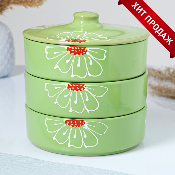 Набор для холодца Псковский гончар «Подарочный», керамика, 3 ёмкости, 0.75 л, зелёный - Фото 1