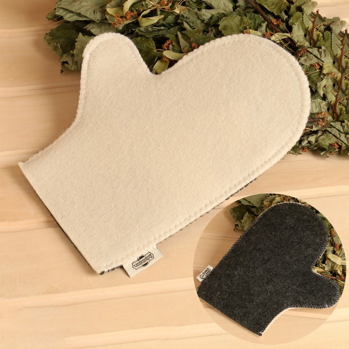 Рукавица для бани и сауны, полиэфир 70%, шерсть 30%, белая, серая, Добропаровъ - Фото 1