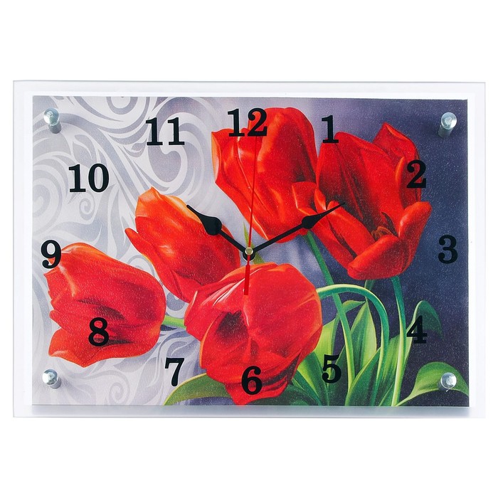 Часы-картина настенные, серия: Цветы, "Красные тюльпаны" 25х35 см - фото 1905351342