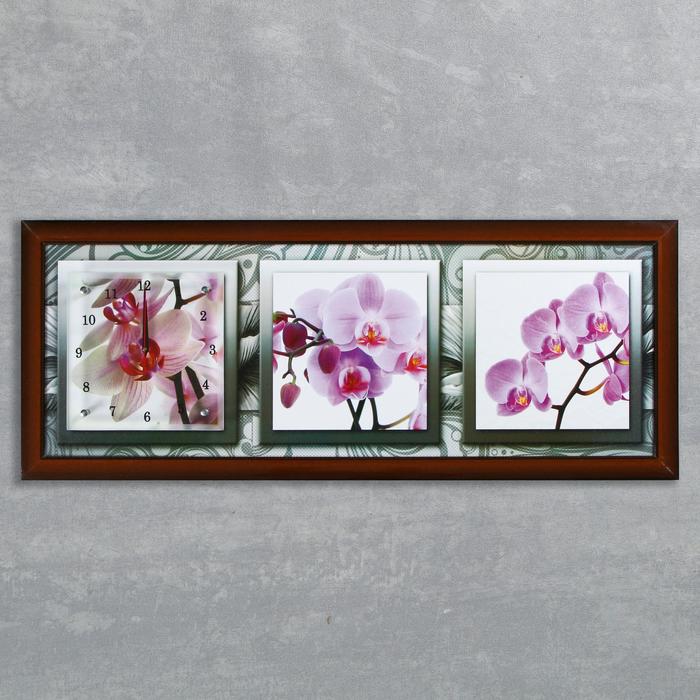 Часы-картина настенные, серия: Цветы, "Орхидеи в черно-белой рамке", 35 х 100 см