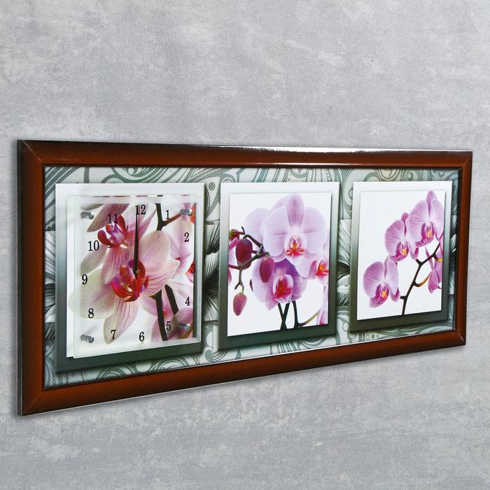 Часы-картина настенные, серия: Цветы, "Орхидеи в черно-белой рамке", 35 х 100 см - фото 1905351448