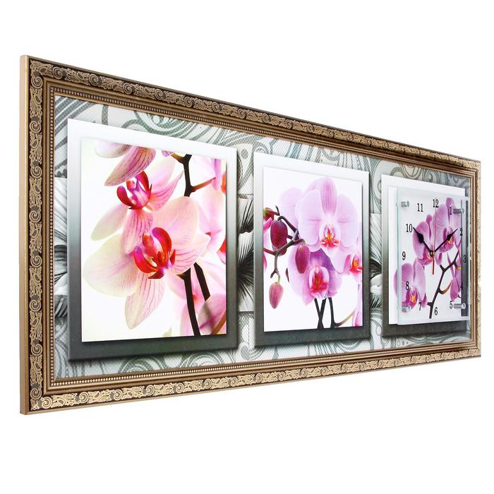 Часы-картина настенные, серия: Цветы, "Орхидеи в черно-белой рамке", 35 х 100 см - фото 1905351451