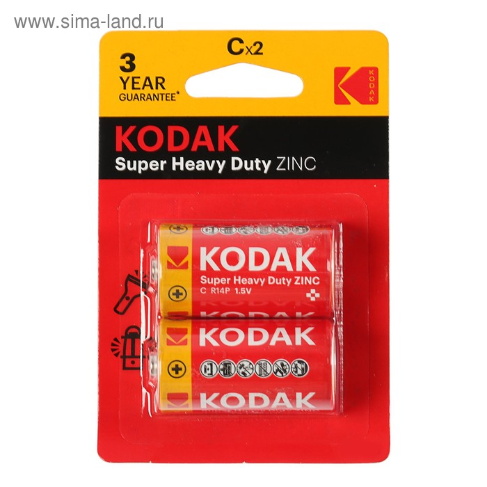 Батарейка солевая Kodak Extra Heavy Duty, C, R14-2BL, 1.5В, блистер, 2 шт. - Фото 1