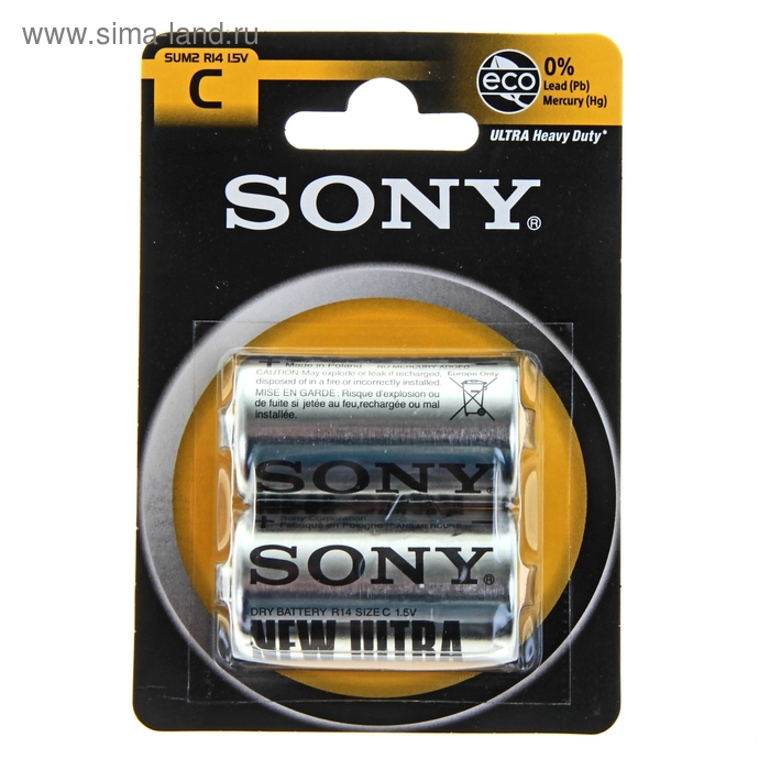 Батарейка солевая Sony New Ultra, С, R14-2BL, 1.5В, блистер, 2 шт. - Фото 1