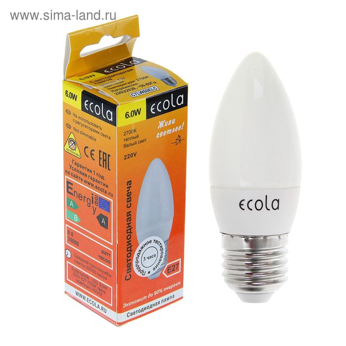 Лампа светодиодная Ecola candle LED, 6 Вт, Е27, 2700 К, - Фото 1