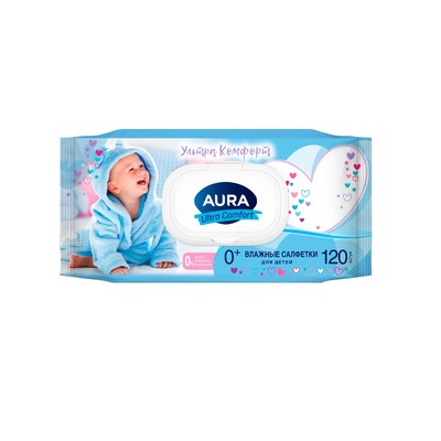 Влажные салфетки Aura Ultra Comfort, детские с экстрактом алоэ, 120 шт.