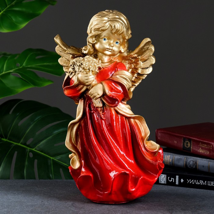 Фигура "Ангел в платье ассорти с букетом" золото 20х20х35см - Фото 1