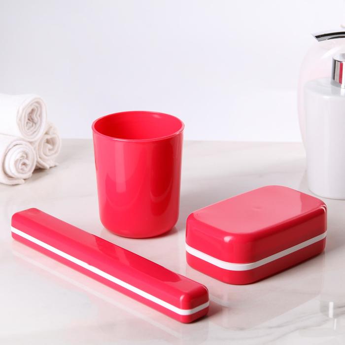 Набор дорожный, 3 предмета: мыльница, стакан, футляр для зубной щетки, цвет МИКС - Фото 1