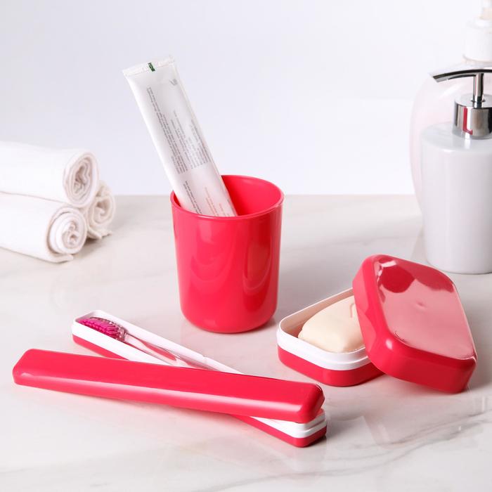 Набор дорожный, 3 предмета: мыльница, стакан, футляр для зубной щетки, цвет МИКС - фото 1905351694