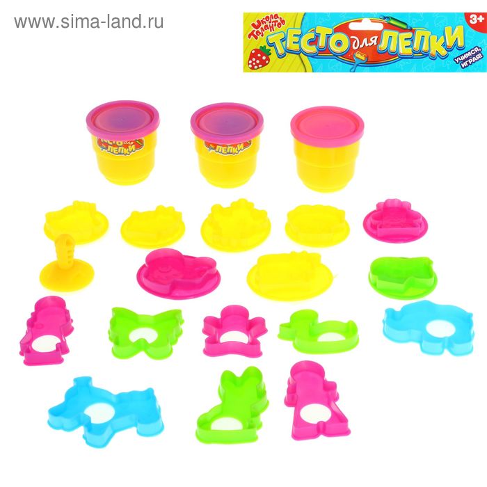Тесто для лепки 3 цвета по 50 гр. + 16 предметов, цвета МИКС - Фото 1