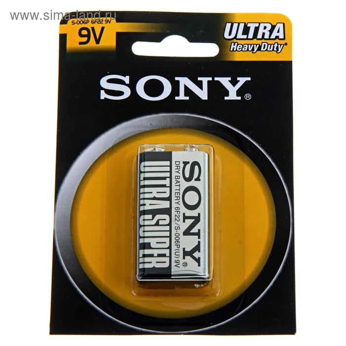 Батарейка солевая Sony Ultra Heavy Duty, 6F22-1BL, 9В, крона, блистер, 1 шт. - Фото 1