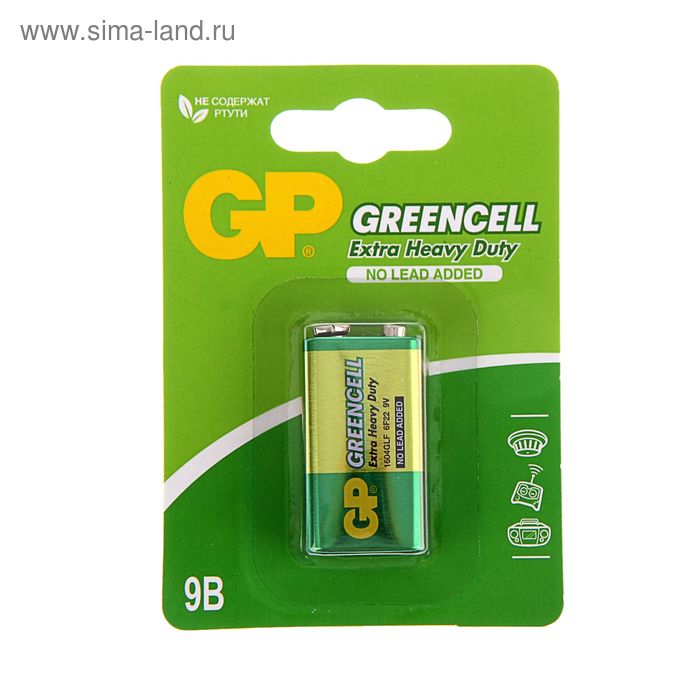 Батарейка солевая GP Greencell Extra Heavy Duty, 6F22-1BL, 9В, крона, блистер, 1 шт. - Фото 1