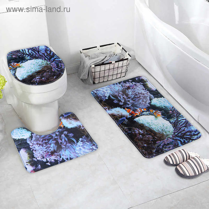 Набор ковриков для ванны и туалета «Морское дно», 3 шт: 38×46, 40×45, 45×75 см - Фото 1