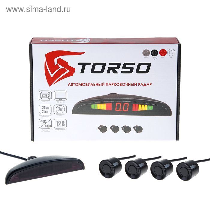 Парктроник TORSO TP-201, 4 датчика, LED-экран, биппер, 12 В, датчики чёрные - Фото 1