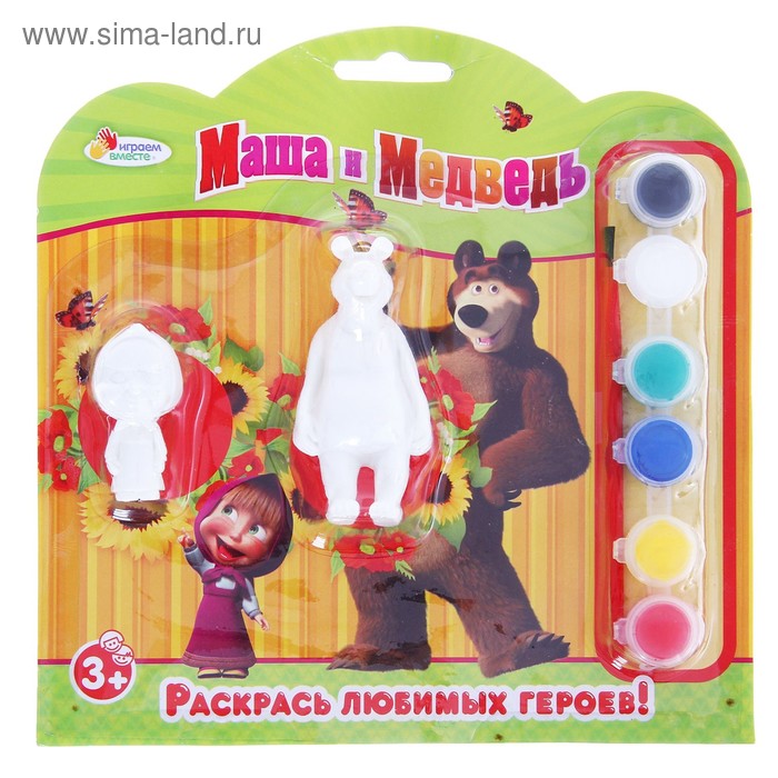 Набор-раскраска "Маша и Медведь", 2 фигурки,кисточка + краски - Фото 1