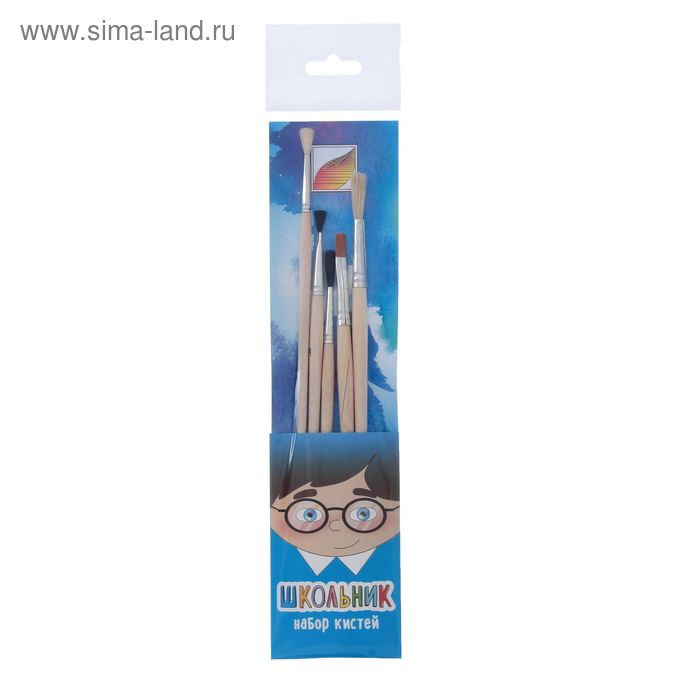 Набор кистей «Школьник», микс, «Альбатрос», 5 штук: круглая № 5 (шерсть пони), круглые № 3, 5 (шерсть козы), плоская № 4, для клея № 6 - Фото 1