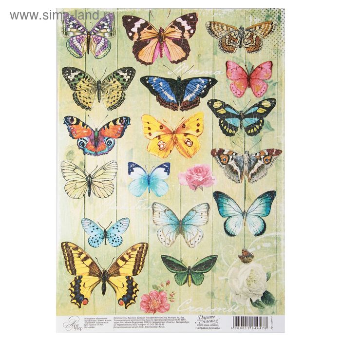 Бумага для творчества "Бабочки", односторонняя, 21 х 29,7 см, 80 г/м2 - Фото 1