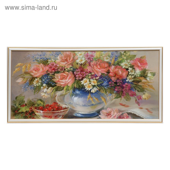 Картина "Цветы в вазе и вишня"  36х72см - Фото 1