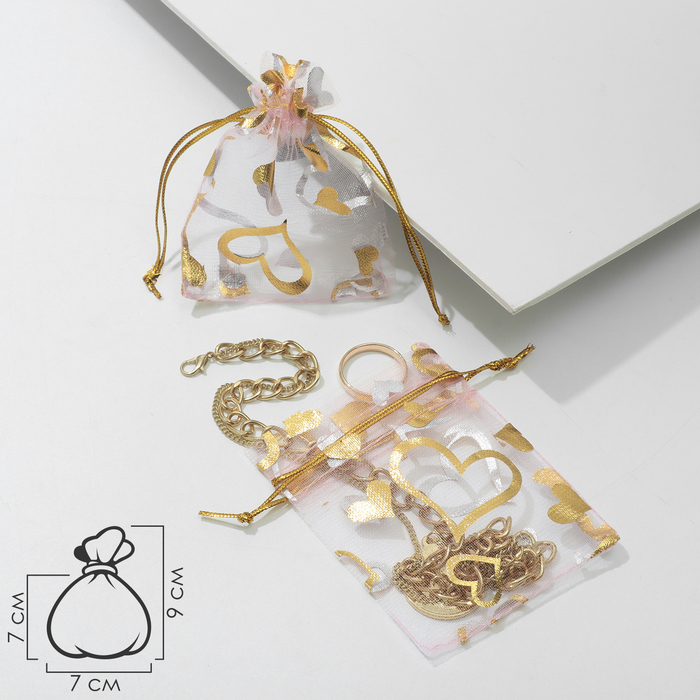 Мешочек подарочный «Сердечки», 7×9, розовый с золотом - Фото 1