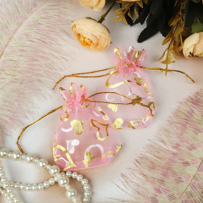 Мешочек подарочный "Сердечки", 7x9, цвет розовый с золотом - Фото 1
