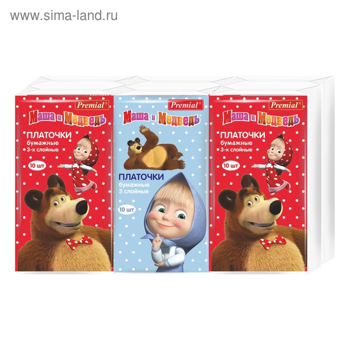 Платочки бумажные «Premial» Маша и Медведь, трехслойные, 10 шт/уп - Фото 1
