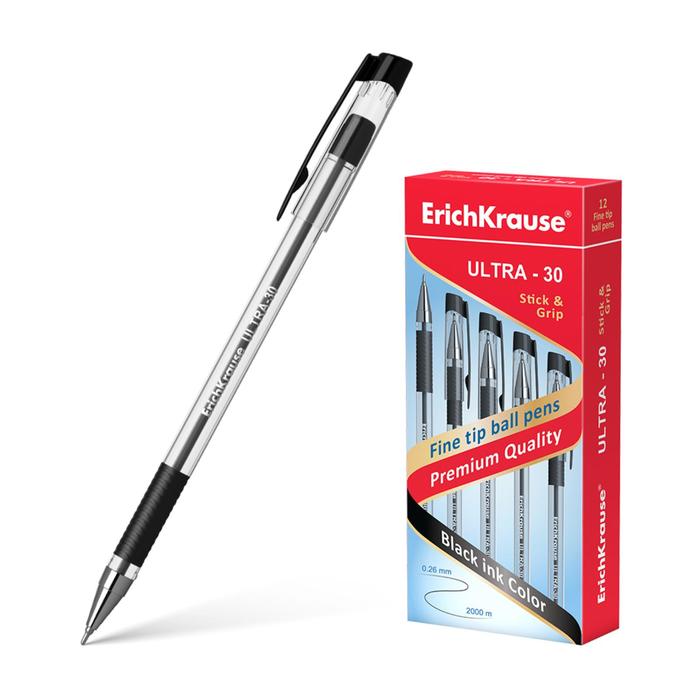 Ручка шариковая Erich Krause ULTRA-30, узел-игла 0.7 мм, чернила чёрные, резиновый упор, длина линии письма 2000 метров