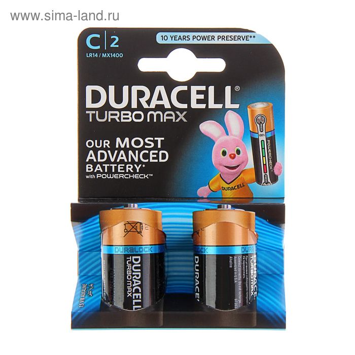 Батарейка алкалиновая Duracell Turbo Max, С, LR14-2BL, 1.5В, блистер, 2 шт. - Фото 1